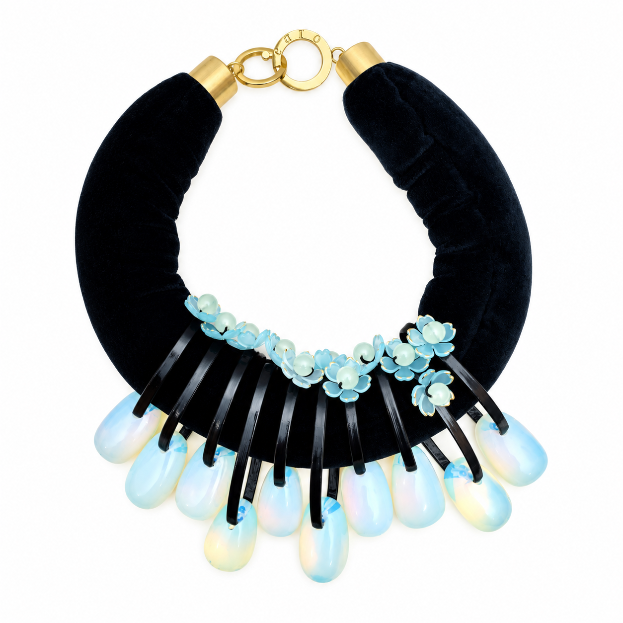 Statement choker necklace featuring large opalite beads suspended from black velvet cords, accented with small blue floral embellishments and gold hardware.
