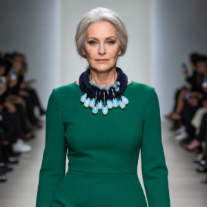 Model wearing a fitted emerald green dress and a bold velvet choker necklace with dangling opalite beads that shimmer in blue and green hues, creating an ethereal runway look.