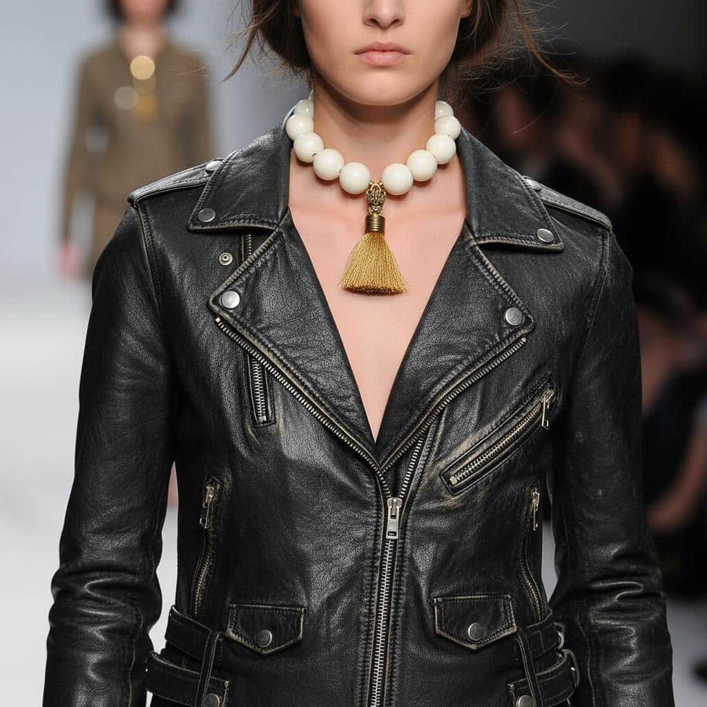 Elevate your style with this bold and elegant choker necklace, crafted from large cream-colored beads that exude timeless sophistication.  Measuring 19 inches in length and weighing 9 ounces, this statement piece balances substantial presence with refined detail.  Each glossy bead is carefully arranged to create a harmonious circular silhouette, anchored by a striking Mastiff pendant that commands attention. The pendant features a regal Mastiff motif, sculpted with intricate detail and finished in a rich gold tone.  From its mouth hangs a luxurious tassel, adding movement and texture to the design.  This symbolic centerpiece evokes strength, loyalty, and grace—perfect for those who appreciate jewelry with meaning. A large lobster clasp ensures secure fastening and ease of wear, while complementing the necklace’s bold aesthetic.  Whether paired with evening attire or used to elevate a casual ensemble, this choker offers versatility and impact. Designed for those who embrace powerful accessories, the Mastiff pendant serves as both a focal point and a conversation starter.  Let it reflect your inner strength and refined taste.  Crafted to leave a lasting impression.