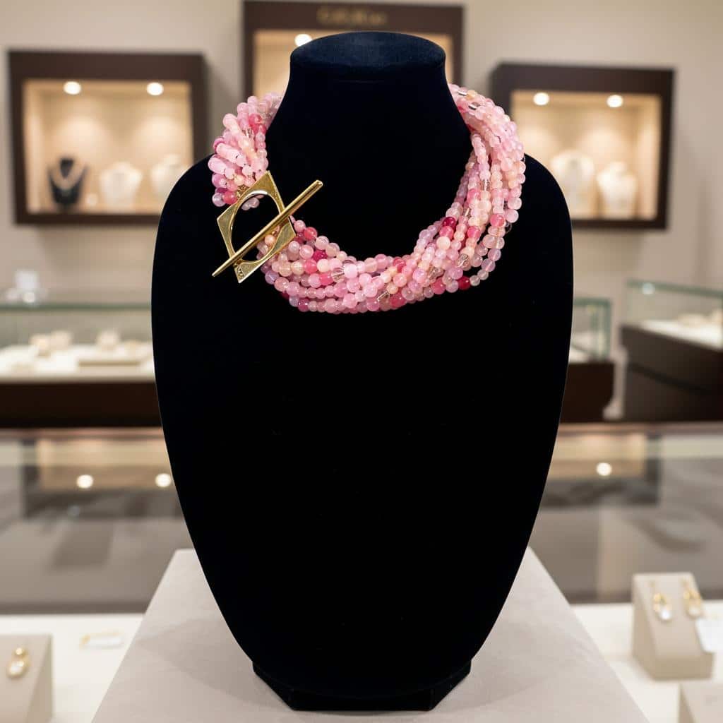 Make a bold statement with this Pink multi-strand glass bead necklace, designed to captivate with its rich texture and dynamic versatility. Measuring 22 inches in length and weighing 16 ounces, it offers a substantial yet graceful presence that complements both casual and formal attire. Crafted from small glass beads in varying shades of Pink, the strands create a layered effect that shimmers with movement and depth. Whether worn loose for a relaxed, bohemian vibe or twisted for a polished, evening-ready silhouette, this Pink necklace adapts effortlessly to your mood and style. A large gold toggle clasp anchors the design with a modern edge, positioned intentionally to rest on one side for an asymmetrical touch. The clasp’s geometric form adds contrast to the organic flow of the beads, elevating the piece with a sculptural accent. This necklace celebrates the beauty of color and craftsmanship, blending soft hues with bold structure. The Pink tones evoke warmth and femininity, while the gold clasp introduces a refined finish. Ideal for those who appreciate jewelry that transforms with intention, this piece invites you to express your individuality—one twist, one strand, one radiant moment at a time.