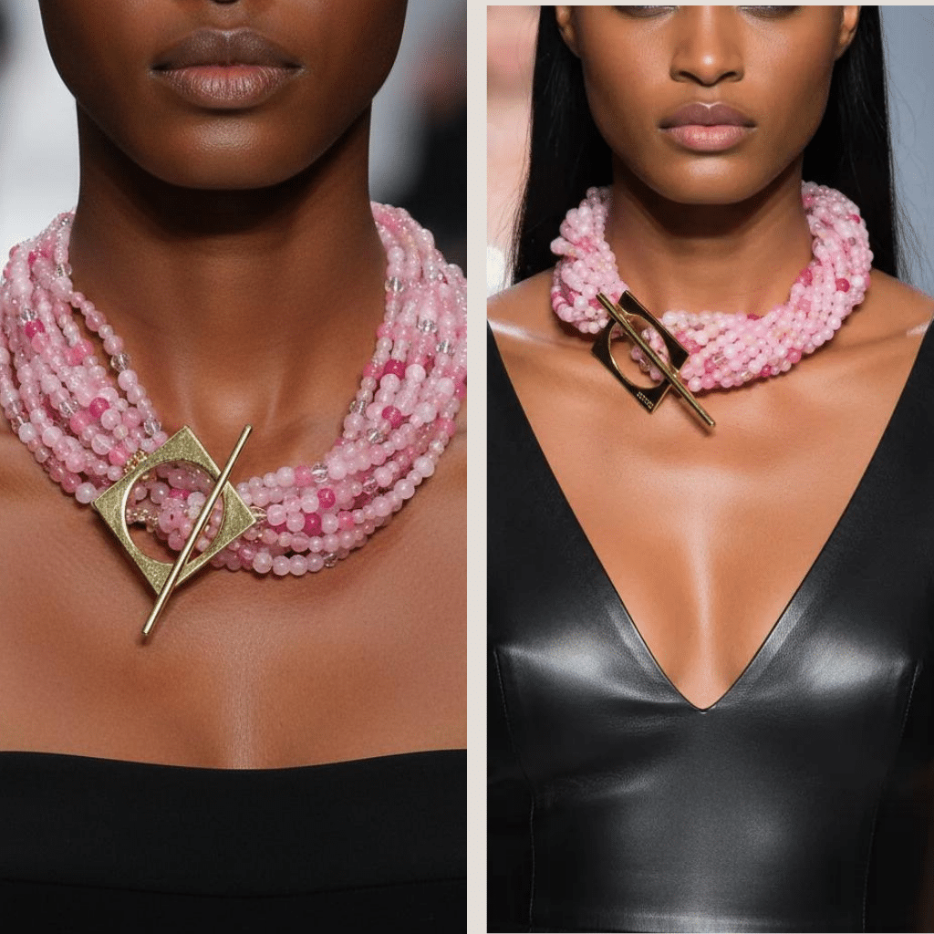 Make a bold statement with this Pink multi-strand glass bead necklace, designed to captivate with its rich texture and dynamic versatility. Measuring 22 inches in length and weighing 16 ounces, it offers a substantial yet graceful presence that complements both casual and formal attire. Crafted from small glass beads in varying shades of Pink, the strands create a layered effect that shimmers with movement and depth. Whether worn loose for a relaxed, bohemian vibe or twisted for a polished, evening-ready silhouette, this Pink necklace adapts effortlessly to your mood and style. A large gold toggle clasp anchors the design with a modern edge, positioned intentionally to rest on one side for an asymmetrical touch. The clasp’s geometric form adds contrast to the organic flow of the beads, elevating the piece with a sculptural accent. This necklace celebrates the beauty of color and craftsmanship, blending soft hues with bold structure. The Pink tones evoke warmth and femininity, while the gold clasp introduces a refined finish. Ideal for those who appreciate jewelry that transforms with intention, this piece invites you to express your individuality—one twist, one strand, one radiant moment at a time.