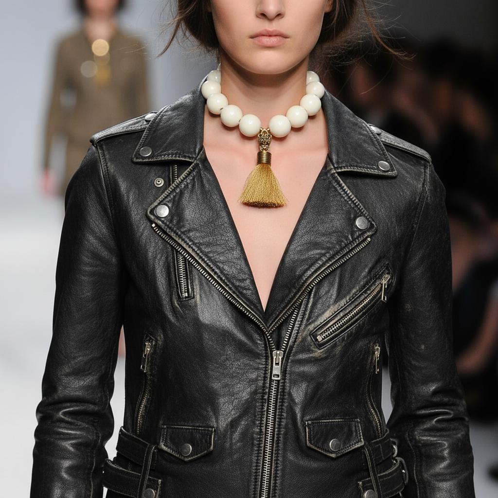 Model wearing a black leather jacket paired with a bold cream-beaded choker featuring a gold Mastiff pendant and tassel. The necklace contrasts elegantly against the edgy outfit, creating a striking runway look.