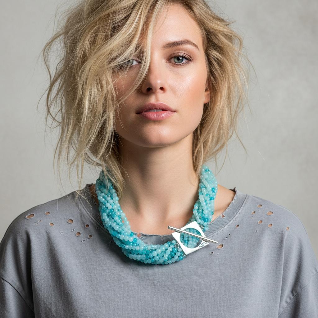 Model wearing a light gray top with small distressed details near the neckline, accessorized with a turquoise multi-strand beaded necklace featuring a bold silver geometric clasp. The necklace rests elegantly around the neck, adding a modern, artistic touch to the casual outfit.