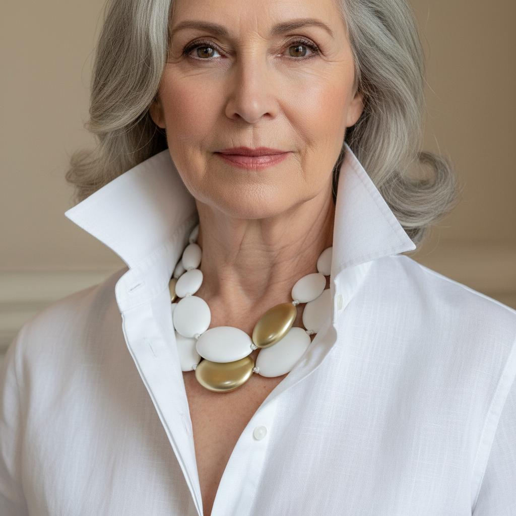 Double White Necklace – Bold Elegance in Every Curve Elevate your style with the Double White necklace, a striking statement piece that blends modern simplicity with timeless charm.  Crafted from two strands of oversized oval acrylic beads, this necklace offers a bold silhouette that catches the eye and complements any neckline.  The smooth, milky-white finish of each bead evokes purity and sophistication, while strategically placed gold accent beads add a touch of warmth and luxury. Designed for those who appreciate balance and contrast, the Double White necklace pairs effortlessly with both casual and formal attire.  Whether layered over a crisp blouse or worn with an evening dress, its dual-strand composition creates depth and movement, making it a versatile addition to your jewelry collection. A gold-toned spring ring clasp ensures secure wear and adds a refined finishing touch.  Lightweight yet impactful, this piece is ideal for all-day comfort without compromising on style.  The Double White necklace is more than an accessory—it’s a reflection of bold femininity and artistic flair. Perfect for gifting or personal indulgence, this necklace invites you to embrace elegance with a contemporary twist. Let your jewelry speak volumes—start with this unforgettable design.