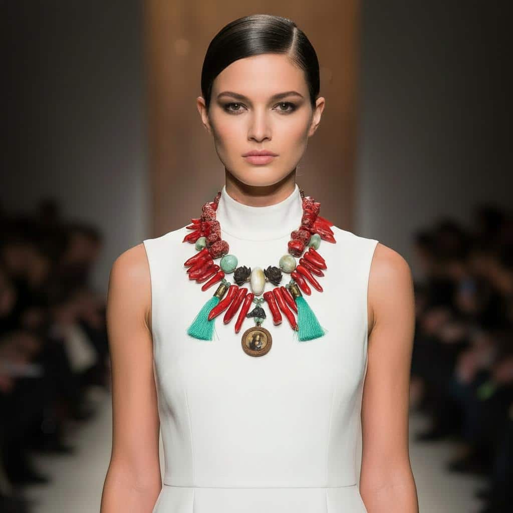 Color Medallion Necklace – A Tapestry of Texture and Tone Rich in texture and vibrant in hue, the Color Medallion necklace is a handcrafted celebration of natural elements and bold design. Two strands of red coral—one raw and unpolished, the other formed from striking stick coral—create a layered silhouette that feels both earthy and refined. The interplay of textures adds depth and movement, while accent stones of Amazonite and Agate bring a cooling contrast in soft greens and blues. Teal tassels on either side introduce a playful rhythm, swaying gently with every step. At the center, a medallion anchors the piece, offering a focal point that hints at personal meaning or cultural inspiration. This necklace is designed for those who embrace individuality and seek pieces that tell a story. Whether paired with a flowing dress or a crisp blouse, the Color Medallion necklace adds warmth, artistry, and a touch of wanderlust to any look. It’s more than an accessory—it’s a wearable mosaic of nature’s palette and human craftsmanship. Let your style speak in bold textures and vibrant tones. Let it speak in Color.