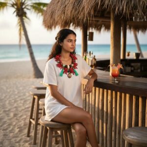 Color Medallion Necklace – A Tapestry of Texture and Tone Rich in texture and vibrant in hue, the Color Medallion necklace is a handcrafted celebration of natural elements and bold design. Two strands of red coral—one raw and unpolished, the other formed from striking stick coral—create a layered silhouette that feels both earthy and refined. The interplay of textures adds depth and movement, while accent stones of Amazonite and Agate bring a cooling contrast in soft greens and blues. Teal tassels on either side introduce a playful rhythm, swaying gently with every step. At the center, a medallion anchors the piece, offering a focal point that hints at personal meaning or cultural inspiration. This necklace is designed for those who embrace individuality and seek pieces that tell a story. Whether paired with a flowing dress or a crisp blouse, the Color Medallion necklace adds warmth, artistry, and a touch of wanderlust to any look. It’s more than an accessory—it’s a wearable mosaic of nature’s palette and human craftsmanship. Let your style speak in bold textures and vibrant tones. Let it speak in Color.