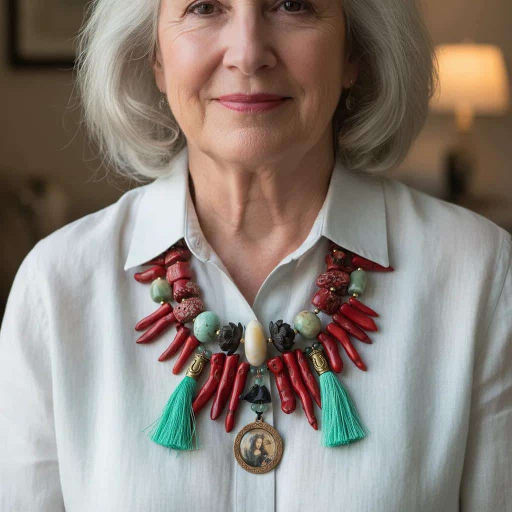 Color Medallion Necklace – A Tapestry of Texture and Tone Rich in texture and vibrant in hue, the Color Medallion necklace is a handcrafted celebration of natural elements and bold design. Two strands of red coral—one raw and unpolished, the other formed from striking stick coral—create a layered silhouette that feels both earthy and refined. The interplay of textures adds depth and movement, while accent stones of Amazonite and Agate bring a cooling contrast in soft greens and blues. Teal tassels on either side introduce a playful rhythm, swaying gently with every step. At the center, a medallion anchors the piece, offering a focal point that hints at personal meaning or cultural inspiration. This necklace is designed for those who embrace individuality and seek pieces that tell a story. Whether paired with a flowing dress or a crisp blouse, the Color Medallion necklace adds warmth, artistry, and a touch of wanderlust to any look. It’s more than an accessory—it’s a wearable mosaic of nature’s palette and human craftsmanship. Let your style speak in bold textures and vibrant tones. Let it speak in Color.