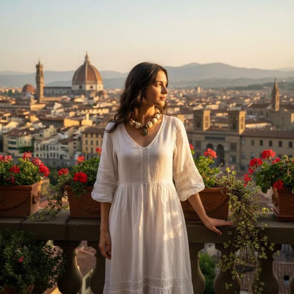 Ostia 0369233 Necklace Strength carved in stone, history cast in brass. This commanding necklace evokes the grandeur of ancient port cities and the power they once held. Crafted with bold white coral beads and substantial brass accents, it channels the elemental contrast of sea and empire—organic purity against forged resilience. At its heart lies a singular medallion: a lion in mid-roar, symbolizing the might and legacy of Ostia during Rome’s golden age. Measuring 17 inches, with an extender reaching 22 inches, this 9-ounce piece sits with presence and poise. The coral beads offer a tactile coolness, while the brass discs catch light like sun on stone. Together, they form a wearable relic—one that speaks of trade routes, mythologies, and the timeless allure of Mediterranean craftsmanship. Whether worn with linen or leather, the Ostia necklace transforms any ensemble into a statement of strength and story. It’s not just jewelry—it’s a tribute to a civilization that revered beauty and power in equal measure. Let the lion guide you. Let the brass gleam like ancient coin. Let Ostia whisper through the ages, three times over, in the language of adornment. Details: Length: 17–22 inches Weight: 9 oz Materials: White coral, brass, lion medallion Style: Heritage statement piece