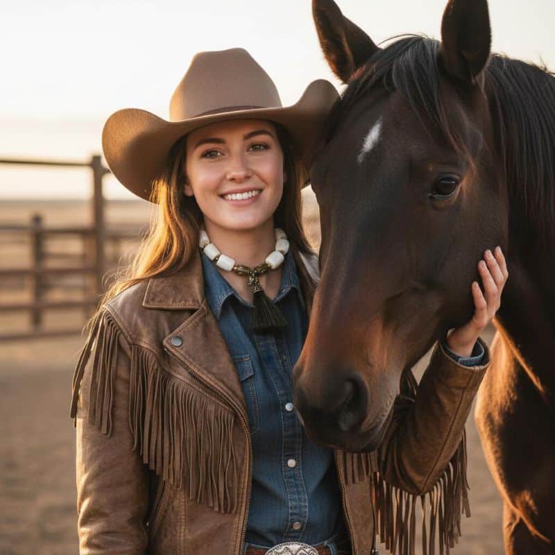 Horseshoe Necklace Where wild grace meets crafted power. This striking necklace blends equestrian spirit with artisanal elegance. Made of large, white natural coral beads and bold brass accents, it carries the weight of tradition and the freedom of open terrain. At 10 ounces and 19 inches long—extending to 24 inches—it drapes with confident presence, each element chosen for symbolism and strength. The clasp features horseshoe-adorned beads, a nod to protection and fortune. These same beads anchor the centerpiece: a finely sculpted brass horse head, detailed with reverence and crowned by a tassel of dark horsehair. It’s a tactile tribute to movement, loyalty, and untamed beauty. This piece isn’t just jewelry—it’s a talisman. A wearable homage to the bond between rider and steed, between earth and spirit. Whether paired with denim or silk, the Horseshoe necklace commands attention and tells a story of resilience, grace, and grounded elegance.  As the brass patina with time, it makes a better contrast with the white coral. Let the coral cool your skin. Let the brass catch the light. Let the Horseshoe guide your stride—three times over, in the language of adornment. Details: Length: 19–24 inches Weight: 10 oz Materials: Natural white coral, brass, horsehair tassel, horseshoe beads Style: Equestrian heritage statement piece