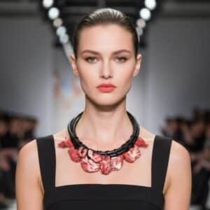 Rose Petals Necklace Where anatomy meets poetry, and coral blooms in motion. This bold, sculptural necklace is a celebration of organic form and emotional resonance. Crafted from sleek black cord and adorned with marbled red and white coral, each suspended stone evokes the delicate yet visceral beauty of rose petals—petals reimagined through texture, weight, and asymmetry. At 22 inches long and weighing 11 ounces, it rests with confident gravity, a wearable piece of art that speaks to both strength and sentiment. The coral charms, each uniquely shaped, sway like blossoms caught in a breeze. Their marbled surfaces suggest veins and movement, offering a tactile experience that’s both raw and refined. The black cord anchors the composition, providing contrast and structure, while allowing the stones to take center stage. This is not a necklace for the faint of heart. It’s for those who find beauty in imperfection, who wear emotion like armor, and who understand that adornment can be both provocative and poetic. Whether paired with minimalist attire or layered over bold textures, the Rose Petals necklace makes a statement that lingers. Let the stones speak. Let the cord hold. Let Rose Petals bloom—three times over, in the language of design. (This necklace is 22 inches, and it is not adjustable.) Details: Length: 22 inches Weight: 11 oz Materials: Black cord, marbled red and white coral Style: Avant-garde botanical statement piece