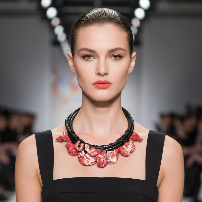 Rose Petals Necklace Where anatomy meets poetry, and coral blooms in motion. This bold, sculptural necklace is a celebration of organic form and emotional resonance. Crafted from sleek black cord and adorned with marbled red and white coral, each suspended stone evokes the delicate yet visceral beauty of rose petals—petals reimagined through texture, weight, and asymmetry. At 22 inches long and weighing 11 ounces, it rests with confident gravity, a wearable piece of art that speaks to both strength and sentiment. The coral charms, each uniquely shaped, sway like blossoms caught in a breeze. Their marbled surfaces suggest veins and movement, offering a tactile experience that’s both raw and refined. The black cord anchors the composition, providing contrast and structure, while allowing the stones to take center stage. This is not a necklace for the faint of heart. It’s for those who find beauty in imperfection, who wear emotion like armor, and who understand that adornment can be both provocative and poetic. Whether paired with minimalist attire or layered over bold textures, the Rose Petals necklace makes a statement that lingers. Let the stones speak. Let the cord hold. Let Rose Petals bloom—three times over, in the language of design. (This necklace is 22 inches, and it is not adjustable.) Details: Length: 22 inches Weight: 11 oz Materials: Black cord, marbled red and white coral Style: Avant-garde botanical statement piece