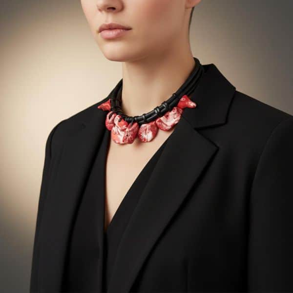 Rose Petals Necklace Where anatomy meets poetry, and coral blooms in motion. This bold, sculptural necklace is a celebration of organic form and emotional resonance. Crafted from sleek black cord and adorned with marbled red and white coral, each suspended stone evokes the delicate yet visceral beauty of rose petals—petals reimagined through texture, weight, and asymmetry. At 22 inches long and weighing 11 ounces, it rests with confident gravity, a wearable piece of art that speaks to both strength and sentiment. The coral charms, each uniquely shaped, sway like blossoms caught in a breeze. Their marbled surfaces suggest veins and movement, offering a tactile experience that’s both raw and refined. The black cord anchors the composition, providing contrast and structure, while allowing the stones to take center stage. This is not a necklace for the faint of heart. It’s for those who find beauty in imperfection, who wear emotion like armor, and who understand that adornment can be both provocative and poetic. Whether paired with minimalist attire or layered over bold textures, the Rose Petals necklace makes a statement that lingers. Let the stones speak. Let the cord hold. Let Rose Petals bloom—three times over, in the language of design. (This necklace is 22 inches, and it is not adjustable.) Details: Length: 22 inches Weight: 11 oz Materials: Black cord, marbled red and white coral Style: Avant-garde botanical statement piece