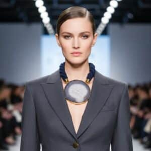 Elliptical Necklace Galactic mystery, grounded in stone. This captivating necklace centers around a large sliced agate pendant, its mineral veins swirling in hypnotic patterns that evoke the illusion of a distant galaxy. The stone’s natural formation—layered in translucent whites, smoky grays, and crystalline shimmer—draws the eye inward, like a portal to something cosmic and ancient. It’s a piece that speaks to both the vastness of space and the intimacy of earthbound craft. Measuring 21 inches and weighing 9 ounces, the necklace balances boldness with elegance. The pendant is suspended from a thick, twisted navy rope, anchored by brass caps and a circular clasp that adds a touch of refinement. The textures—soft rope, cool stone, gleaming metal—create a tactile experience as rich as its visual impact. This is not just jewelry—it’s a meditation on form, time, and the elliptical paths we trace through life. Whether worn with minimalist silhouettes or layered over dramatic fabrics, the Elliptical necklace becomes a focal point, a conversation starter, a quiet echo of the stars. Let the veins guide you. Let the stone speak. Let Elliptical shimmer—three times over, in the language of design. Details: Length: 21 inches Weight: 9 oz Materials: Sliced agate, navy rope, gold-toned clasp Style: Cosmic statement piece with natural elegance