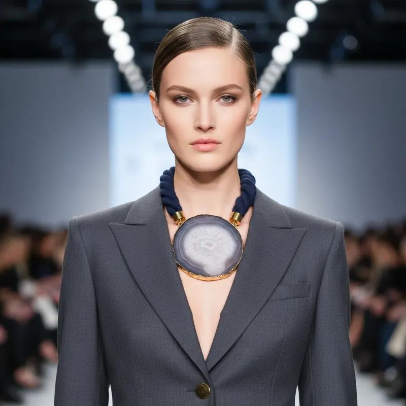 Elliptical Necklace Galactic mystery, grounded in stone. This captivating necklace centers around a large sliced agate pendant, its mineral veins swirling in hypnotic patterns that evoke the illusion of a distant galaxy. The stone’s natural formation—layered in translucent whites, smoky grays, and crystalline shimmer—draws the eye inward, like a portal to something cosmic and ancient. It’s a piece that speaks to both the vastness of space and the intimacy of earthbound craft. Measuring 21 inches and weighing 9 ounces, the necklace balances boldness with elegance. The pendant is suspended from a thick, twisted navy rope, anchored by brass caps and a circular clasp that adds a touch of refinement. The textures—soft rope, cool stone, gleaming metal—create a tactile experience as rich as its visual impact. This is not just jewelry—it’s a meditation on form, time, and the elliptical paths we trace through life. Whether worn with minimalist silhouettes or layered over dramatic fabrics, the Elliptical necklace becomes a focal point, a conversation starter, a quiet echo of the stars. Let the veins guide you. Let the stone speak. Let Elliptical shimmer—three times over, in the language of design. Details: Length: 21 inches Weight: 9 oz Materials: Sliced agate, navy rope, gold-toned clasp Style: Cosmic statement piece with natural elegance