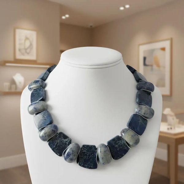 Zacatecas Necklace Where ancient stone meets modern elegance. This striking necklace blends flat Imperial Jasper with oval Sodalite stones, interspersed with gleaming silver spacer beads. The palette is a symphony of blues—deep navy, misty gray, and soft sky tones—each stone revealing its own marbled story. Measuring 18 inches with an extender reaching up to 22 inches, and weighing 8 ounces, it offers a substantial yet graceful presence around the neck. Imperial Jasper is revered for its grounding energy and intricate veining. The variety featured here hails from the rugged terrain of Zacatecas, Mexico, a region known for its rich deposits of semiprecious stones. Nestled in the Sierra Madre Occidental, Zacatecas has been a source of mineral beauty for centuries, with Imperial Jasper prized for its durability and spiritual symbolism. Sodalite, with its celestial blue hues, complements the Jasper’s earthy elegance, adding depth and contrast. Together, they create a piece that feels both ancient and contemporary—a wearable tribute to the artistry of nature and the legacy of Zacatecas. Whether paired with linen or leather, this necklace commands attention. It’s not just jewelry—it’s a journey through stone, history, and the soul of Zacatecas. Let its blues speak for you, three times over.