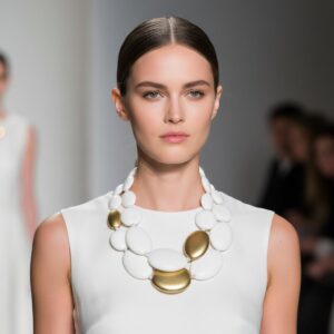 Model wearing a sleeveless white dress paired with a bold double-strand necklace featuring oversized white and gold oval beads. The necklace rests elegantly around the neckline, adding contrast and sophistication to the minimalist outfit.