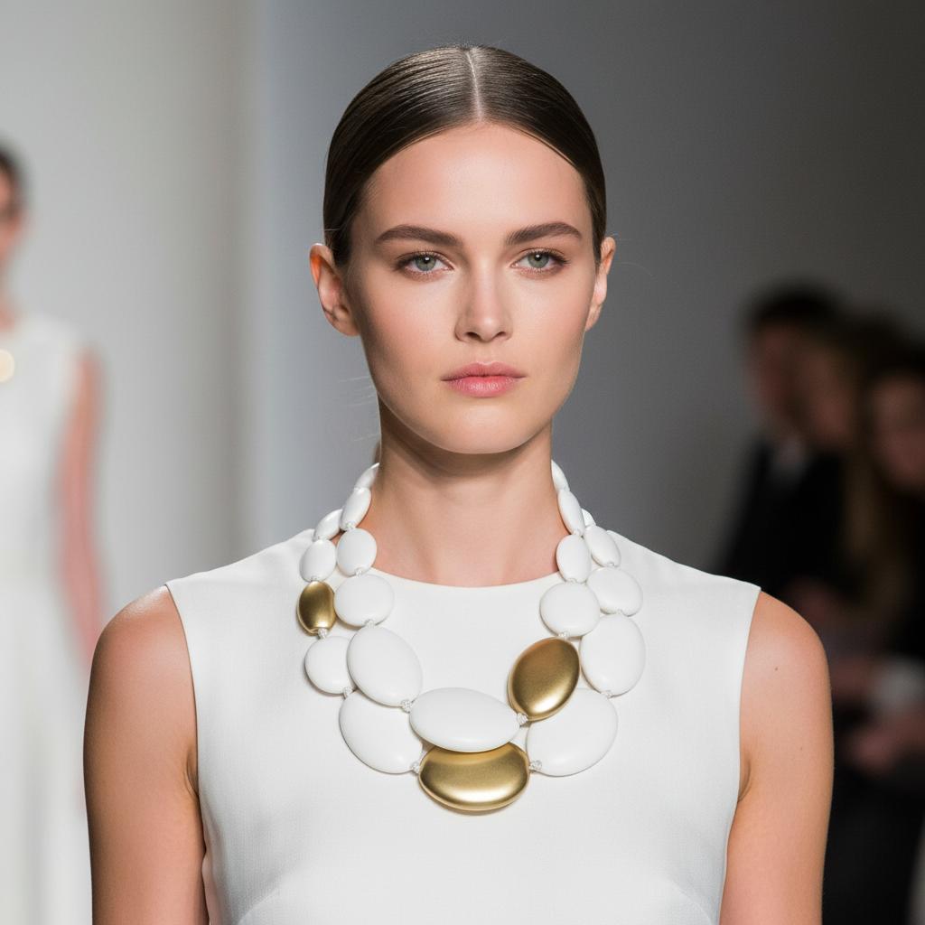 Model wearing a sleeveless white dress paired with a bold double-strand necklace featuring oversized white and gold oval beads. The necklace rests elegantly around the neckline, adding contrast and sophistication to the minimalist outfit.