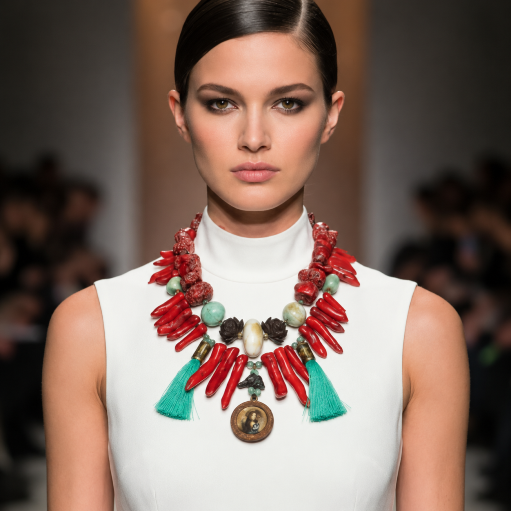 Model wearing a sleeveless white high-neck dress paired with a bold red coral necklace featuring green stones, teal tassels, and a central medallion pendant. The vibrant necklace contrasts dramatically against the minimalist outfit, creating a striking runway look.