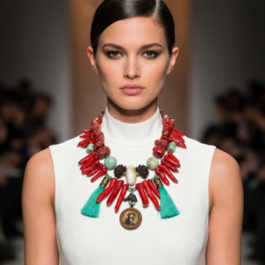 Model wearing a sleeveless white high-neck dress paired with a bold red coral necklace featuring green stones, teal tassels, and a central medallion pendant. The vibrant necklace contrasts dramatically against the minimalist outfit, creating a striking runway look.