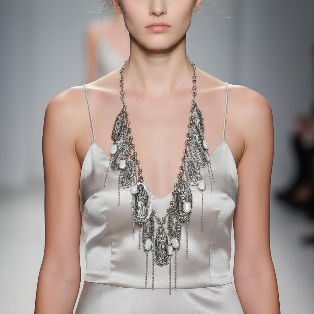 Model wearing a silver satin dress with thin straps, accessorized with a long silver-tone necklace featuring religious medallions and dangling chains. The necklace drapes elegantly over the neckline, adding a dramatic, spiritual accent to the minimalist outfit.