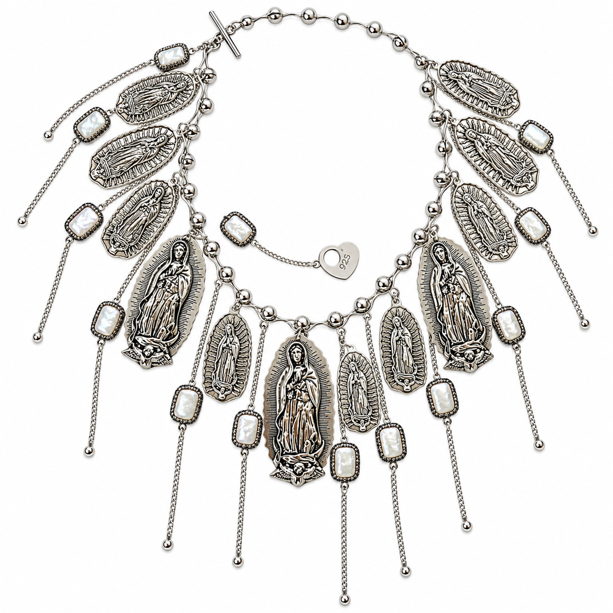 Statement necklace featuring multiple silver-tone medallions depicting religious figures, arranged along a chain with elongated oval charms and dangling chains. The design combines intricate metalwork with a fringe-like structure, creating a layered, ornate silhouette reminiscent of sacred iconography.