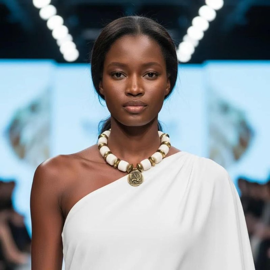 Model wearing a one-shoulder white dress paired with a bold necklace made of white coral and brass beads, centered by a lion medallion pendant. The necklace rests elegantly at the collarbone, adding a regal and sculptural accent to the minimalist outfit.