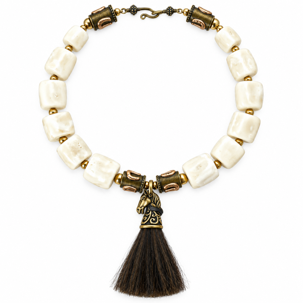 Equestrian-inspired necklace featuring large square white coral beads interspersed with brass spheres and cylindrical beads engraved with horseshoe motifs. At the center hangs a sculpted brass horse head pendant with intricate detailing, crowned by a dark horsehair tassel. The necklace closes with a hook clasp in antique brass finish.