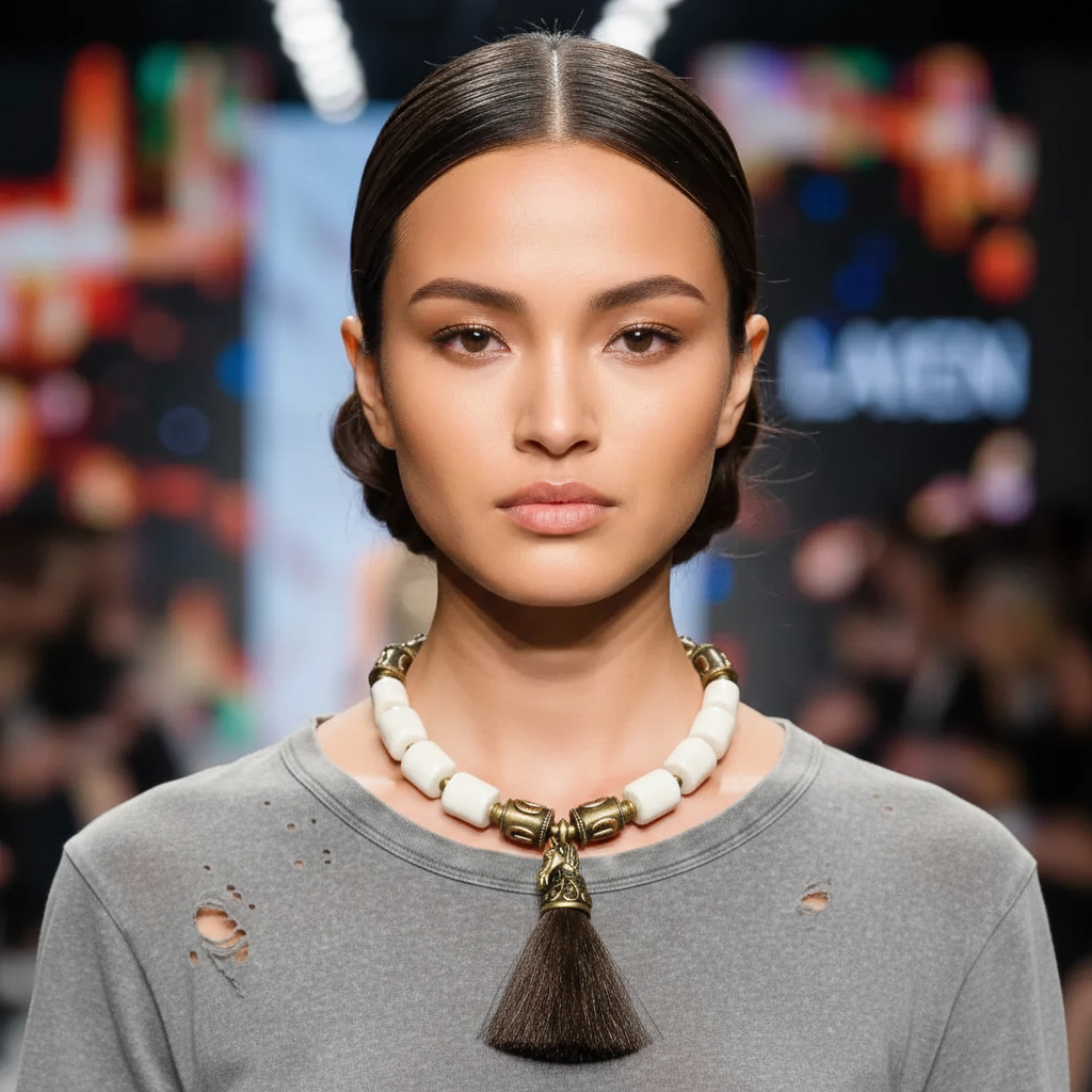 Model wearing a gray distressed top paired with a bold equestrian-style necklace made of white coral beads and brass accents. The centerpiece—a brass horse head with a dark tassel—rests elegantly at the collarbone, adding a refined yet powerful touch to the casual outfit.