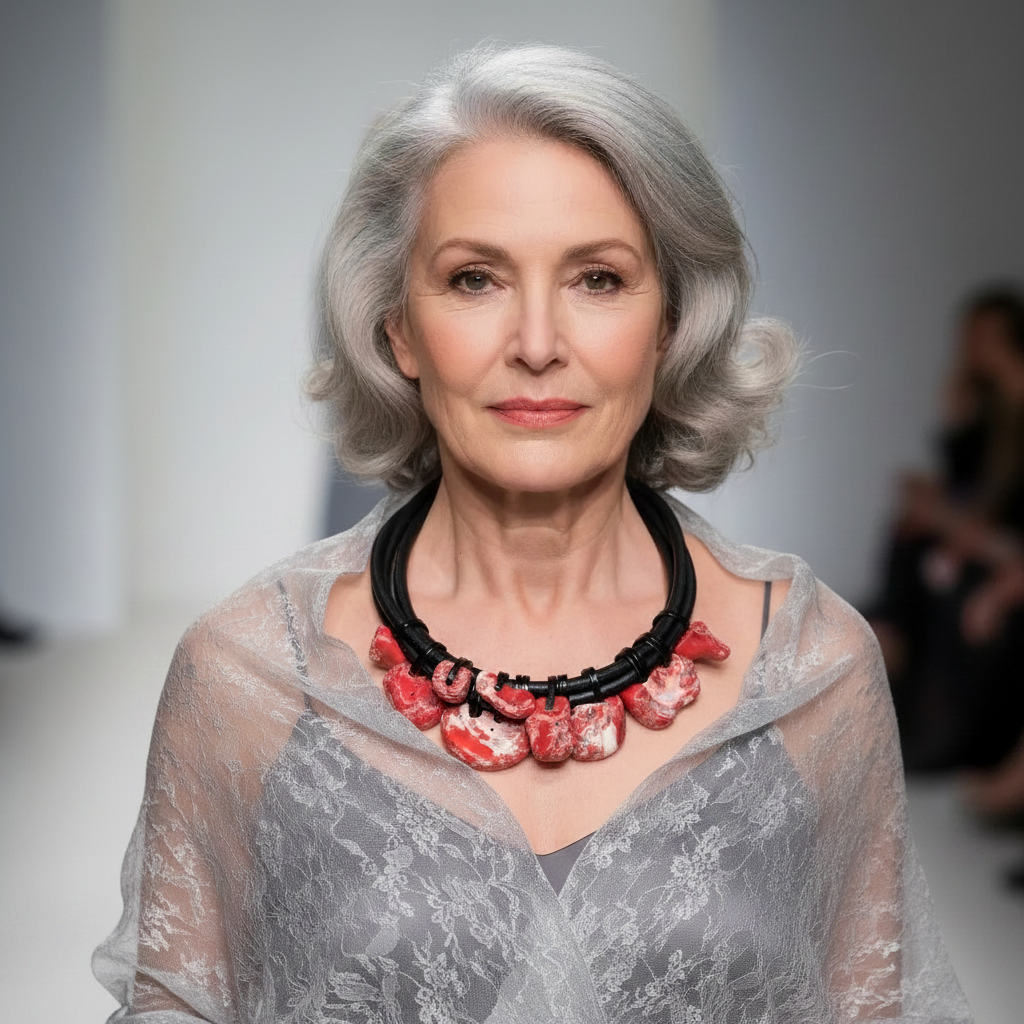 Elegant older woman with silver hair wearing a sheer lace gray top and a striking necklace composed of black cords and red marbled coral pieces. The necklace rests prominently at her collarbone, adding a modern, artistic touch to her refined ensemble.