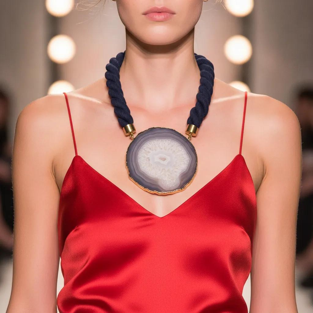 Model wearing a red satin camisole with thin straps, accessorized with a bold necklace featuring a large agate slice pendant suspended from a twisted navy rope with gold accents. The necklace rests prominently at the center of the chest, creating a striking contrast against the vibrant red fabric.