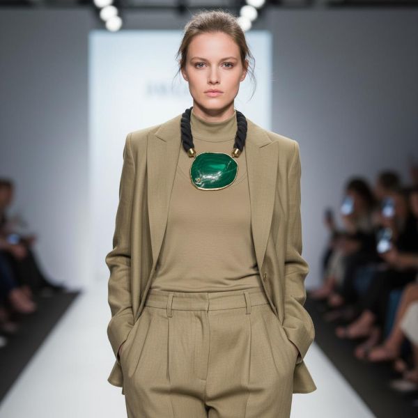 Gaia Necklace Earth’s pulse, captured in stone. This evocative necklace pays homage to the living spirit of the planet. At its center lies a polished green gemstone—its deep hue and swirling bands formed by mineral forces over millennia. The result is a natural phenomenon that personifies the Earth itself, a visual echo of forests, rivers, and ancient terrain. Framed in gold-toned metal and suspended from a thick, twisted navy cord, the piece balances raw beauty with refined craftsmanship. Measuring 21 inches and weighing 8 ounces, the Gaia necklace rests with quiet strength. The brass end caps and circular clasp add a touch of warmth, while the bold cord anchors the design in modern elegance. It’s a statement piece that speaks of origin, resilience, and reverence. Wear it as a tribute to nature’s artistry. Let the stone remind you of cycles, roots, and renewal. Let Gaia whisper through your wardrobe—three times over, in the language of adornment. Details: Length: 21 inches Weight: 8 oz Materials: Green gemstone, navy cord, gold-toned metal Style: Earth-inspired statement piece with elemental elegance