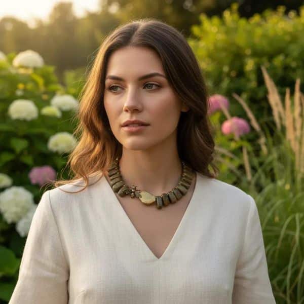 Honey 0369238 is crafted with reverence for nature and history. This 18-inch necklace is a tribute to the enduring beauty of the Appalachian landscape. Each polished Unakite bead—an earthy fusion of green epidote and pink feldspar—is carefully selected for its rich, mottled texture. The red pigments within the stone are thoughtfully echoed by the red cord threading the necklace, creating a warm, harmonious palette. Unakite was first discovered in the Great Smoky Mountains, a region steeped in Cherokee heritage and geological wonder, straddling western North Carolina and eastern Tennessee. Golden accent beads flank a central bee ornament, symbolizing industriousness and the sweetness of life. In ancient cultures, bees were revered as messengers between worlds and guardians of sacred knowledge. This piece channels that legacy, offering a wearable talisman of transformation and abundance. Weighing 12 ounces, the necklace carries a satisfying heft, grounding the wearer in both style and symbolism. Whether worn as a statement piece or a subtle nod to nature’s artistry, it evokes the golden warmth of Honey—its color, its spirit, and its timeless allure. Let this necklace be your daily drop of Honey, a reminder of the sweetness found in resilience, craftsmanship, and the quiet hum of history.