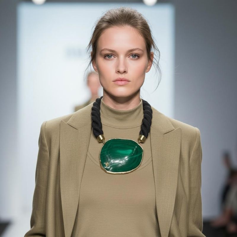 Gaia Necklace Earth’s pulse, captured in stone. This evocative necklace pays homage to the living spirit of the planet. At its center lies a polished green gemstone—its deep hue and swirling bands formed by mineral forces over millennia. The result is a natural phenomenon that personifies the Earth itself, a visual echo of forests, rivers, and ancient terrain. Framed in gold-toned metal and suspended from a thick, twisted navy cord, the piece balances raw beauty with refined craftsmanship. Measuring 21 inches and weighing 8 ounces, the Gaia necklace rests with quiet strength. The brass end caps and circular clasp add a touch of warmth, while the bold cord anchors the design in modern elegance. It’s a statement piece that speaks of origin, resilience, and reverence. Wear it as a tribute to nature’s artistry. Let the stone remind you of cycles, roots, and renewal. Let Gaia whisper through your wardrobe—three times over, in the language of adornment. Details: Length: 21 inches Weight: 8 oz Materials: Green gemstone, navy cord, gold-toned metal Style: Earth-inspired statement piece with elemental elegance