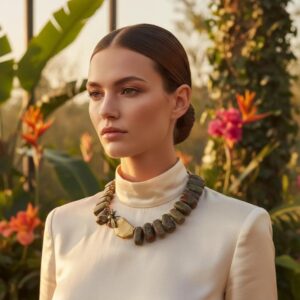 Honey 0369238 is crafted with reverence for nature and history. This 18-inch necklace is a tribute to the enduring beauty of the Appalachian landscape. Each polished Unakite bead—an earthy fusion of green epidote and pink feldspar—is carefully selected for its rich, mottled texture. The red pigments within the stone are thoughtfully echoed by the red cord threading the necklace, creating a warm, harmonious palette. Unakite was first discovered in the Great Smoky Mountains, a region steeped in Cherokee heritage and geological wonder, straddling western North Carolina and eastern Tennessee. Golden accent beads flank a central bee ornament, symbolizing industriousness and the sweetness of life. In ancient cultures, bees were revered as messengers between worlds and guardians of sacred knowledge. This piece channels that legacy, offering a wearable talisman of transformation and abundance. Weighing 12 ounces, the necklace carries a satisfying heft, grounding the wearer in both style and symbolism. Whether worn as a statement piece or a subtle nod to nature’s artistry, it evokes the golden warmth of Honey—its color, its spirit, and its timeless allure. Let this necklace be your daily drop of Honey, a reminder of the sweetness found in resilience, craftsmanship, and the quiet hum of history.