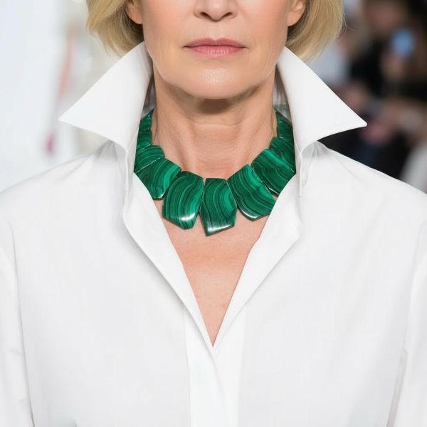 Verdant Malachite Statement Necklace A bold expression of Earth’s artistry and ancient mineral lore. This striking necklace showcases a curated arrangement of polished malachite stones, each one revealing the mesmerizing Concentric banding that makes this mineral so instantly recognizable.