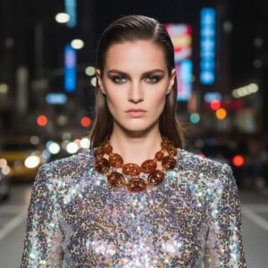 Revel Necklace Bold geometry. Glossy allure. Effortless drama. Crafted from oversized acrylic links, this double-strand necklace is a celebration of sculptural simplicity and modern edge. Each translucent loop catches the light with a tortoiseshell gleam, creating a rhythmic cascade of amber and espresso tones that feel both timeless and daring. At 18 inches, the necklace sits gracefully at the collarbone, with an extender allowing up to 20 inches for versatile styling. Despite its bold presence, it weighs a mere 4 ounces—light enough for all-day wear, yet substantial enough to make a statement. Revel in the interplay of texture and tone. Revel in the ease of pairing it with everything from crisp white shirts to plunging necklines. Revel in the confidence it inspires. Whether worn solo or layered with minimalist chains, this piece transforms any outfit into a curated look. It’s not just an accessory—it’s a mood, a moment, a magnet for compliments. Designed for those who embrace boldness with grace, this necklace invites you to step into your spotlight. Let the links speak for themselves, and let your style do the talking.