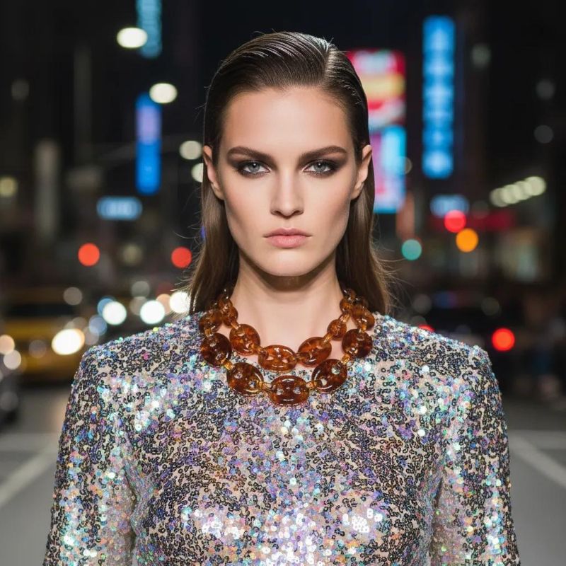 Revel Necklace Bold geometry. Glossy allure. Effortless drama. Crafted from oversized acrylic links, this double-strand necklace is a celebration of sculptural simplicity and modern edge. Each translucent loop catches the light with a tortoiseshell gleam, creating a rhythmic cascade of amber and espresso tones that feel both timeless and daring. At 18 inches, the necklace sits gracefully at the collarbone, with an extender allowing up to 20 inches for versatile styling. Despite its bold presence, it weighs a mere 4 ounces—light enough for all-day wear, yet substantial enough to make a statement. Revel in the interplay of texture and tone. Revel in the ease of pairing it with everything from crisp white shirts to plunging necklines. Revel in the confidence it inspires. Whether worn solo or layered with minimalist chains, this piece transforms any outfit into a curated look. It’s not just an accessory—it’s a mood, a moment, a magnet for compliments. Designed for those who embrace boldness with grace, this necklace invites you to step into your spotlight. Let the links speak for themselves, and let your style do the talking.