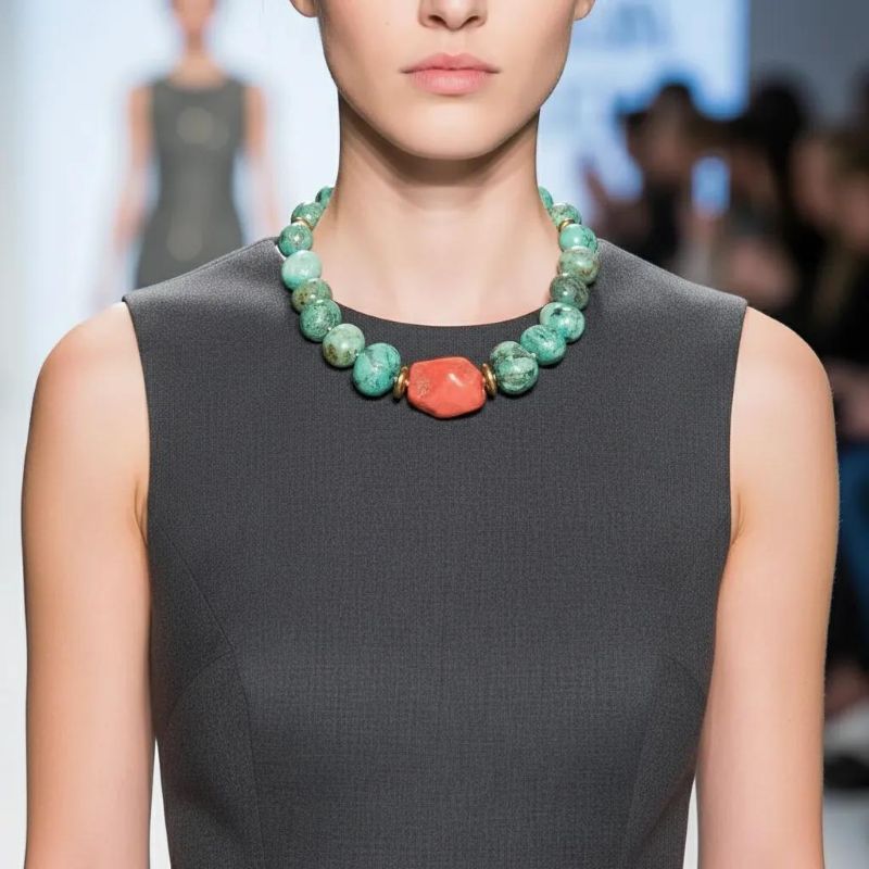 Amazon Necklace Rooted in nature. Radiant in spirit. This necklace is a tribute to the quiet power of simplicity. Crafted with natural amazonite beads in soft green-blue tones, it evokes the lush tranquility of riverbeds and forest canopies. At its heart lies a single coral stone—bold, warm, and unmistakably alive—anchoring the piece with a pulse of vibrant energy. Amazonite, known as the “stone of truth,” is celebrated for its calming influence and its ability to inspire honest expression. Its gentle hues mirror the serenity of the Amazon’s flowing waters, inviting clarity and emotional balance. The necklace’s 18-inch length, extendable to 23 inches, offers graceful drape and versatility, while its 8-ounce weight ensures a substantial yet comfortable presence. Natural coconut spacer beads add an earthy rhythm between the stones, enhancing the organic harmony of the design. A decorative clasp with gold-toned accents completes the look with artisanal finesse. Amazon is more than a name—it’s a feeling, a force, a connection to the wild and the wise. This necklace channels that essence, offering a wearable reminder of strength in softness and truth in simplicity. Let it be your companion in moments of reflection, expression, and quiet confidence.