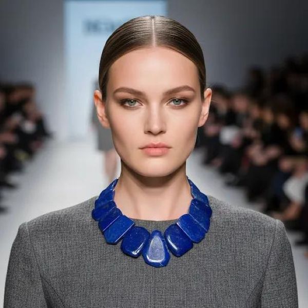 Asymmetric Lapis Elegance Necklace A deep‑blue statement shaped by history, artistry, and the Earth’s own palette. This captivating necklace is crafted from natural lapis stones, each one shaped into an asymmetric, flat form that highlights the mineral’s raw beauty. The deep celestial blues, touched with subtle golden specks, create a visual rhythm that feels both ancient and contemporary. Designed to rest gracefully along the neckline, the piece offers a bold yet refined presence—perfect for those who appreciate jewelry with character and story. Lapis has been treasured for over 6,000 years, admired by civilizations from Mesopotamia to Egypt. Cleopatra famously used powdered lapis as eyeshadow, and artisans of the Renaissance ground it into ultramarine pigment, once more valuable than gold. Its rich color and symbolic associations with wisdom, truth, and inner vision have made it one of the world’s most enduring gemstones. The natural variations in each stone ensure that no two necklaces are ever alike. With its striking silhouette and thoughtful composition, this necklace transforms the timeless beauty of Lazuli into a wearable work of art. Whether paired with everyday attire or reserved for special occasions, it brings forward a sense of depth, elegance, and ancient allure.