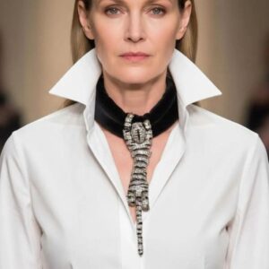 Model wearing a black satin dress and a dramatic Bengal Tiger necklace with a crystal‑studded tiger pendant hanging from thick velvet cords.