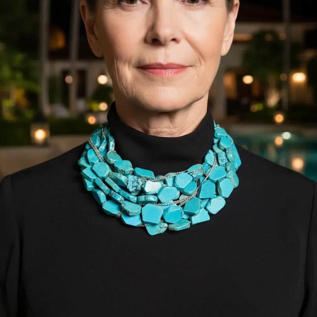 Make a bold statement with this multi-strand Tiel Chalcedony stone necklace, designed with rich texture, vibrant color, and elegant sparkle. The necklace features multiple strands of teal-colored chalcedony stones, each with a natural look that gives the piece depth and character. Strands of tiny Rhinestones are woven throughout, adding a delicate shimmer that beautifully complements the stones. Finished with a natural stone onyx toggle clasp, this necklace offers a refined contrast and a secure, stylish closure. Measuring 17 inches in length and weighing 18 ounces, it has a substantial feel while resting beautifully around the neckline. This Tiel Chalcedony necklace is perfect for dressing up a simple outfit or adding a unique finishing touch to evening wear. Its combination of natural stone, sparkle, and layered design makes it a standout piece for any jewelry collection. Chalcedony is a form of highly compacted quartz. 