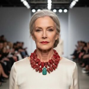 “Bold red two‑strand coral necklace with Apatite centerpiece displayed on a neutral background.”