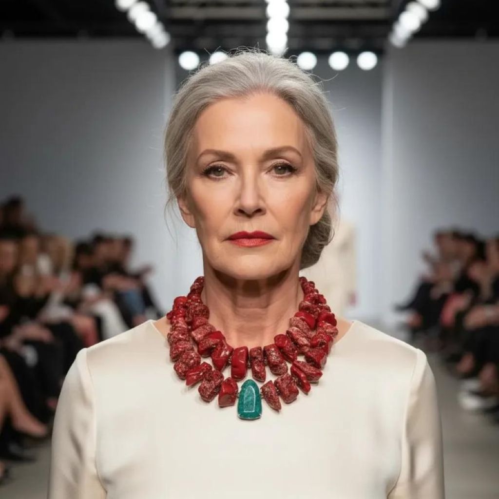 “Bold red two‑strand coral necklace with Apatite centerpiece displayed on a neutral background.”