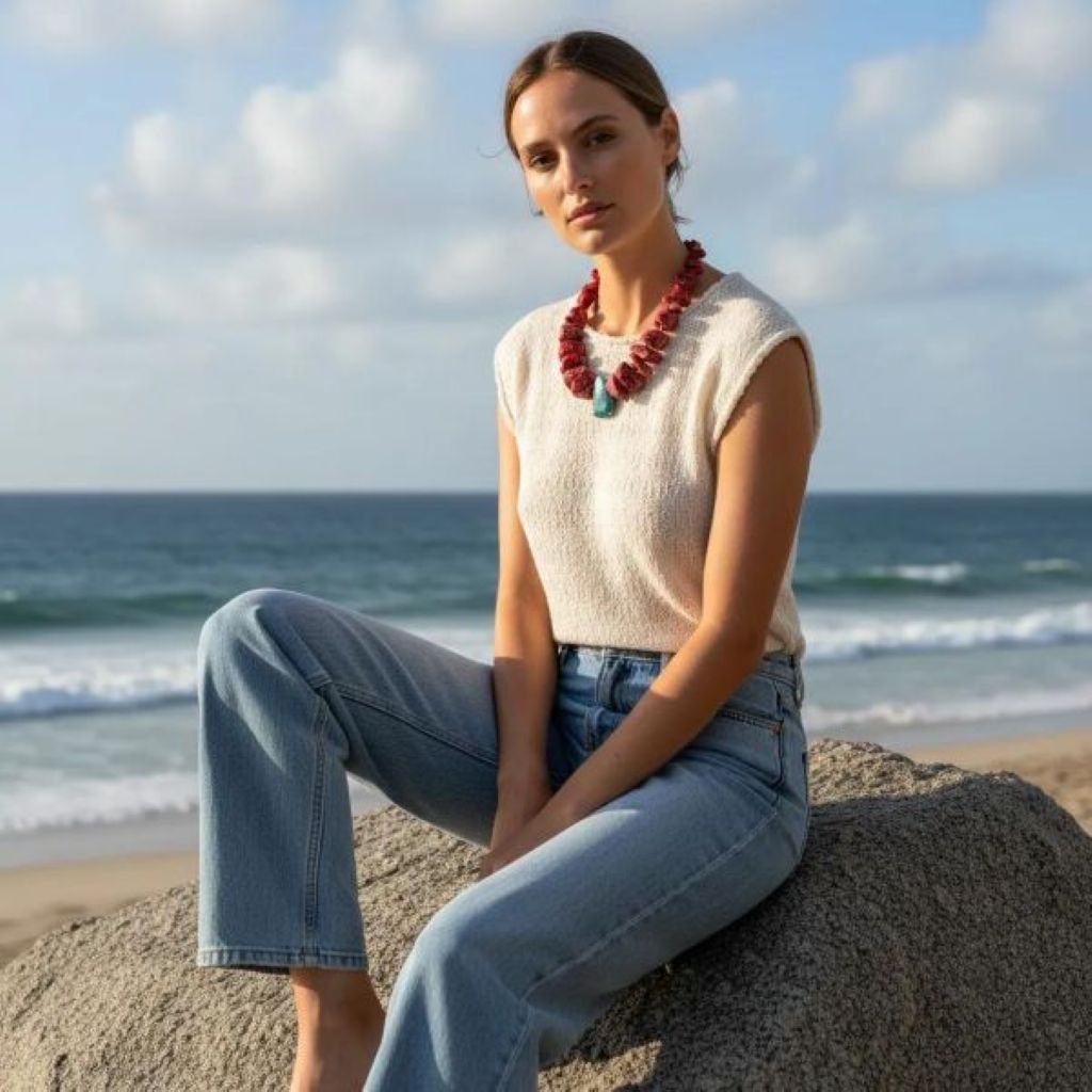 “Bold red two‑strand coral necklace with Apatite centerpiece displayed on a neutral background.”