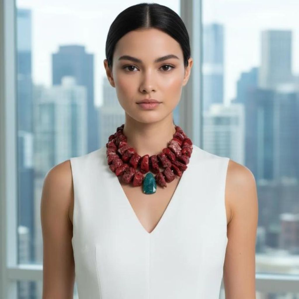 “Bold red two‑strand coral necklace with Apatite centerpiece displayed on a neutral background.”