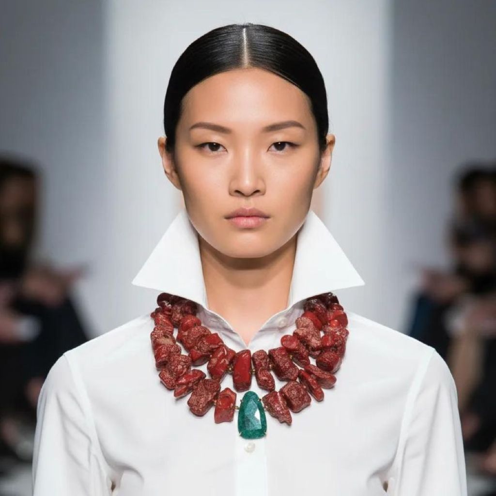 “Bold red two‑strand coral necklace with Apatite centerpiece displayed on a neutral background.”
