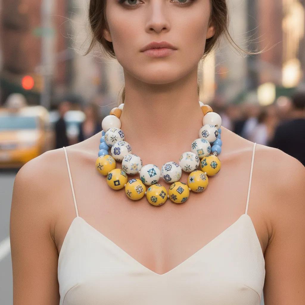 Two‑strand acrylic bead necklace set featuring Egyptian tile motifs in off‑white and yellow tones, displayed on a white background.
