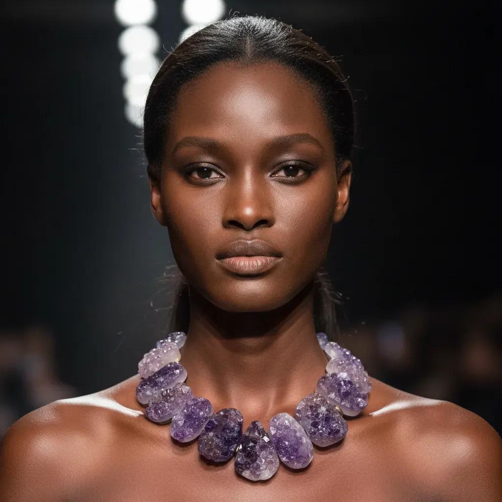 Raw amethyst crystal necklace with brass clasp, featuring natural violet crystal formations displayed on a black background.