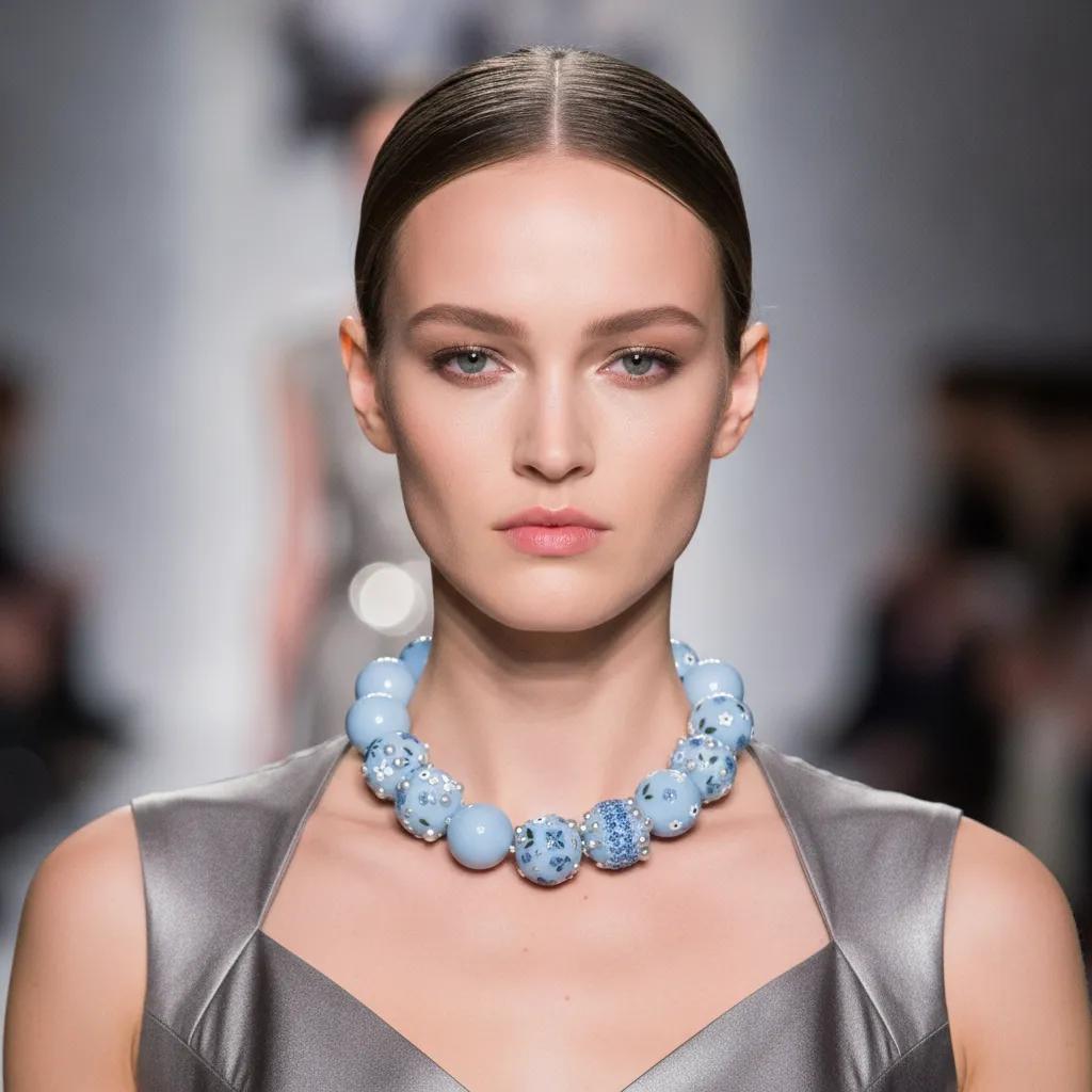 Baby‑blue acrylic bead necklace with floral and bow decorations displayed on a black jewelry bust.