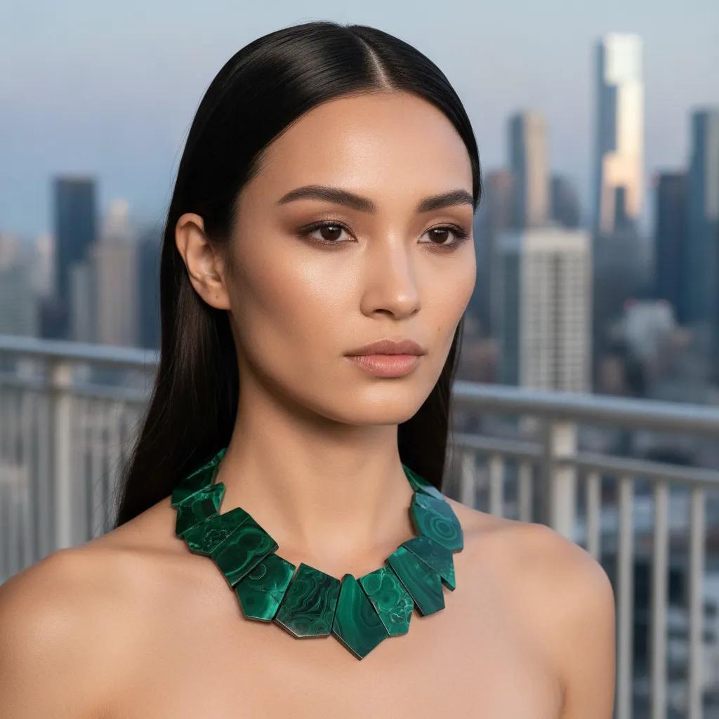 Natural malachite necklace with asymmetric green banded stones displayed on a model